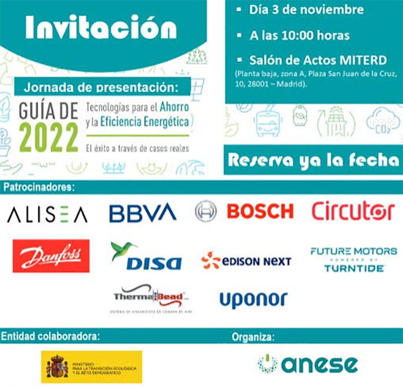ANESE reúne al sector para presentar su “Guía de Tecnologías para el Ahorro y la Eficiencia Energética 2022” ANESE reúne al sector para presentar su “Guía de Tecnologías para el Ahorro y la Eficiencia Energética 2022”