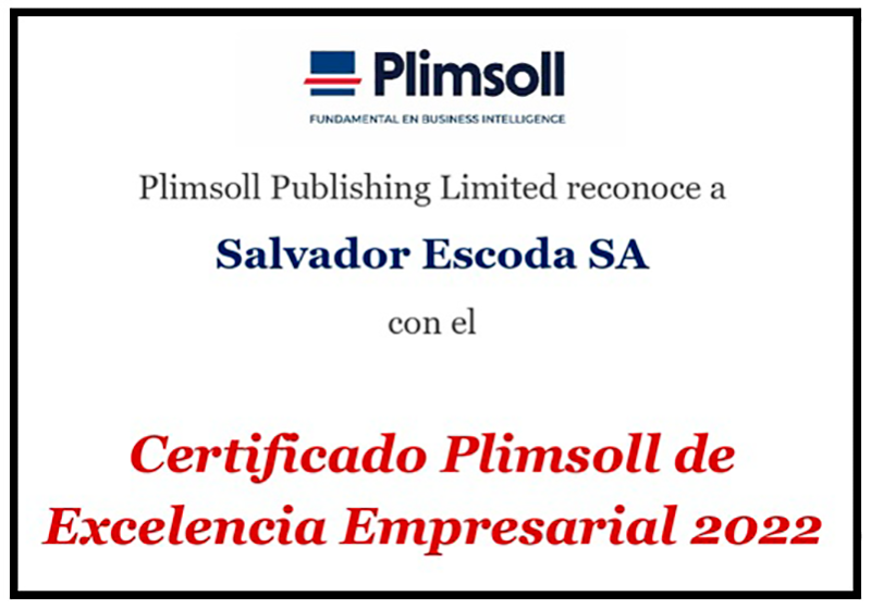 SALVADOR Escoda S.A obtiene el Certificado Plimsoll a la Excelencia Empresarial 2022